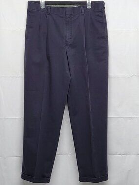 LL Bean Mens Pants Chino 35X32 Classic Fit Straight Leg Pleated Front Navy Blue